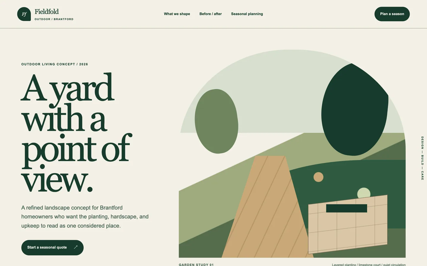 Desktop home page of the Fieldfold Outdoor landscape and outdoor living concept build